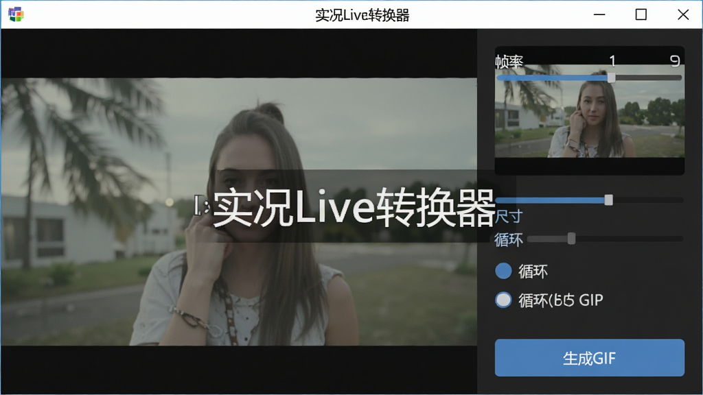 实况Live转换器制作GIF动图的界面,左侧为原始视频预览,右侧为GIF参数调节面板,包括帧率、尺寸、循环选项,下方为“生成GIF”按钮,整体设计时尚,软件名称“实况Live转换器”位于界面中央,背景纯色,无多余元素,画质清晰