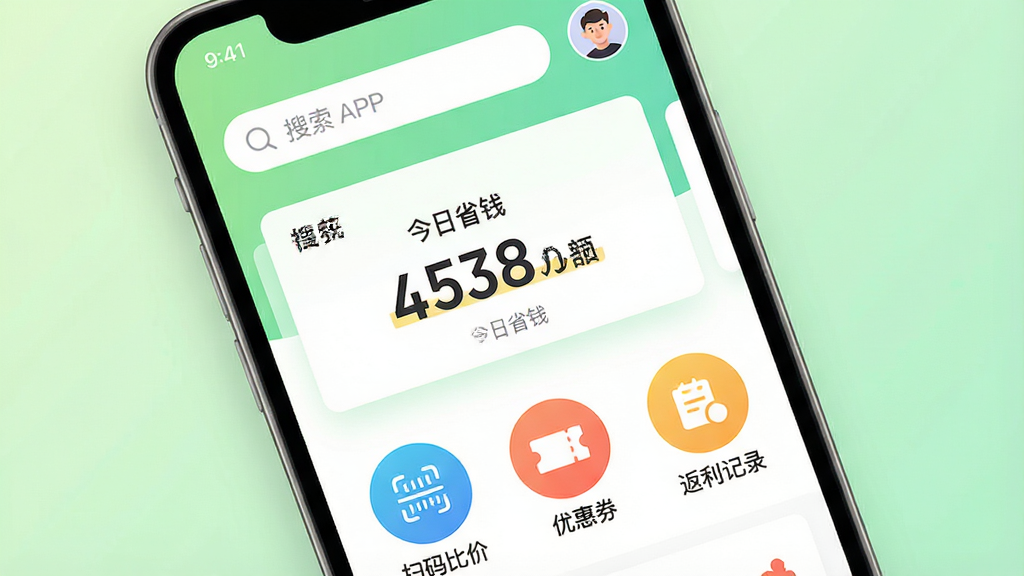һ��չʾ�����ֻ���Ļ�ĸ��ӹ�ͼ����Ļ����ʾ��ʡAPP�����棬���沼���������Ϸ�Ϊ���������û�ͷ���в�Ϊ������ʡǮ���������ֿ�Ƭ���·����С�ɨ��ȼۡ����Ż�ȯ����������¼������Բ�ι��ܰ�ť������Ϊ����ɫ���䣬�������ƽ����ƣ�ɫ�������ɾ������ʸ��壬�޶���Ԫ��