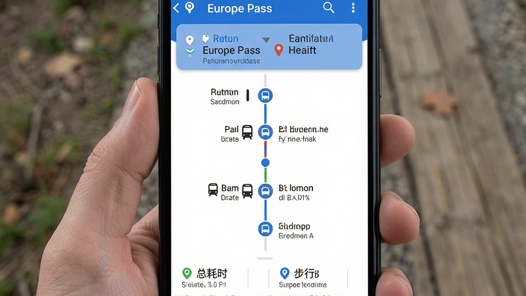 Europe PassӦ���ڵ�·�߹滮���ҳ��չʾͼ������Ϊ�ֻ������ͼ���ͼƬ���Ϸ���ʾ������յ��ַ���м���ʱ������ʽ�������л���վ���뽻ͨ����ͼ�꣬�·���ע�ܺ�ʱ�벽�о��롣����Ϊ������Ϣ�����Ű����룬ʹ��������ɫ��������ƽ���£�ϸ�ڰ���վ����������·��ɫ��ʶ�����������ɾ����޶���Ԫ�ء�