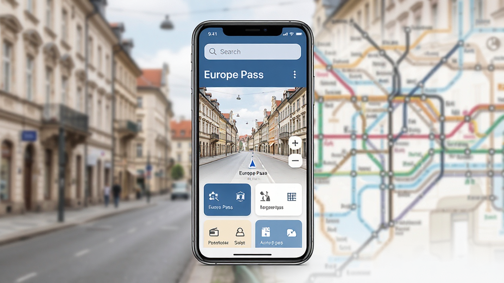 ����Ϊһ��������Ļ�������ֻ�����Ļ����ʾEurope PassӦ�õĵ��������棬���������ִ�������Ϊģ��������ŷ�޳��н־��������·ͼ�����ֲ����ֻ����й�ͼ����Ļ���������ɼ����Ϸ������������·�Ϊ���ܿ�Ƭ���Ű�ͻ��Ӧ�ý������壬��Χ���ף��޶���Ԫ�ء����Ϊдʵ��Ʒ��Ⱦͼ��������ͣ�ϸ�ڷḻ�����ʸ���ɾ����޶���Ԫ�ء�