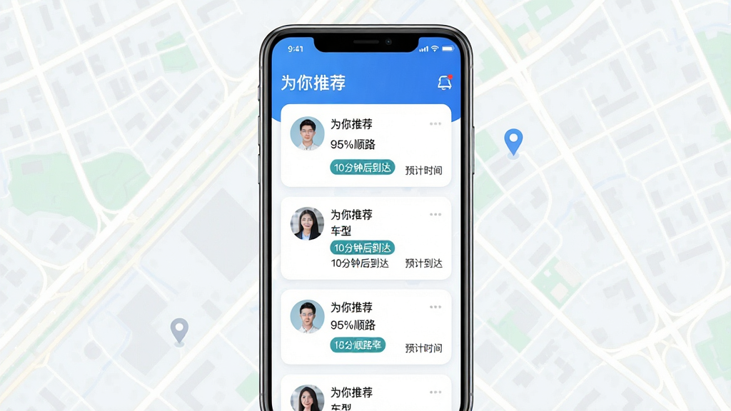 ���壺��ȸ˳�糵APP������ƥ�书�ܽ��棬�ֻ���Ļ��ʾ��������Ƽ��б���ÿ����Ƭ��������ͷ�񡢳��͡�˳·�ʺ�Ԥ�Ƶ���ʱ�䡣���֣��ֻ����У���Ļ���������ɼ�������Ϊ�����ĳ��е�·��ͼ���Ű棺�б���ֱ���У���ƬԲ����ƣ������ȡ�������¼�࣬������ɫ����Ϣ�㼶������ϸ�ڣ������С�Ϊ���Ƽ������⣬��Ƭ����ʾ��95%˳·������10���Ӻ󵽴�ȱ�ǩ�����ʣ����壬�ɾ��޶���Ԫ�ء�