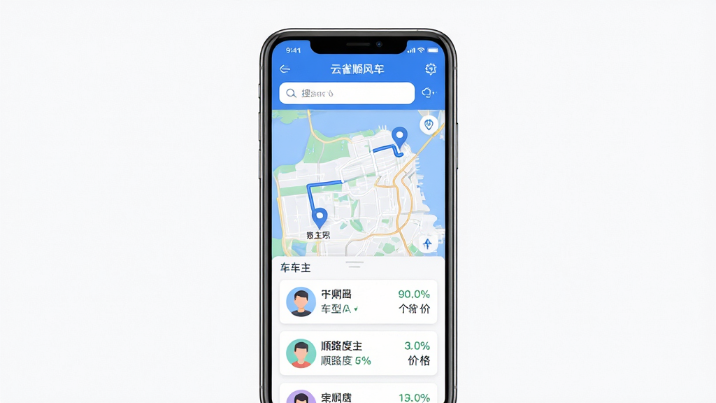 ���壺��ȸ˳�糵APP����չʾ���ֻ���Ļ����ʾ��ͼ·�ߺ�ƥ�䵽��˳·������Ϣ��Ƭ�����֣��ֻ����У���Ļ���ݳ���ǰ�����������ף��ɾ����ࡣ�Ű棺����Ԫ�����������Ϸ�Ϊ���������м�Ϊ��ͼ���·�Ϊ������Ƭ�б�������ִ���ƽ����ƣ�ɫ�����죬����ɫ�Ͱ�ɫΪ��ɫ����ϸ�ڣ���ͼ�ϱ�ע�����յ㣬������Ƭ��ʾͷ�񡢳��͡�˳·�ȰٷֱȺͼ۸񡣻��ʣ�������Ⱦ��ϸ�ڷḻ���ɾ��޶���Ԫ�ء�