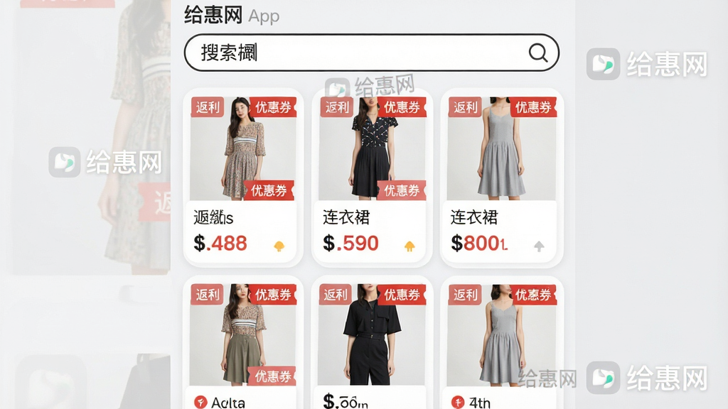 ���壺������App���������棬���������С�����ȹ���ؼ��ʣ��·��Կ�Ƭ��ʽչʾ�����Ʒ��ÿ����Ƭ�����С��������͡��Ż�ȯ����ǩ�����֣����½ṹ���Ϸ������������·����ٲ�����Ʒ��Ƭ���Ű棺��Ʒ��Ƭ�������У���Ϣ�㼶�������Ż���Ϣ����Ŀ�ĺ�ɫ��ǩͻ����������¼�Լ��UI��Ʒ�񣬱���Ϊǳ��ɫ����ƬΪ��ɫԲ�Ǿ��Σ�ϸ�ڣ�ÿ����ƷͼƬ�������۸�ͷ����������Ӵ֣������С�����������Logoˮӡ�����ʣ����壬�ɾ����޶���Ԫ�ء�