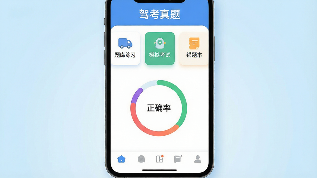 一张手机屏幕特写,屏幕中显示“驾考真题”APP主界面,界面顶部有“题库练习”“模拟考试”“错题本”三个功能卡片,中间是彩色进度环显示正确率,底部为导航栏。主体为手机居中,背景是干净的浅蓝色渐变,布局简洁,排版规整,风格扁平化插画,细节包括圆角卡片、柔和阴影,画质清晰,干净无多余元素