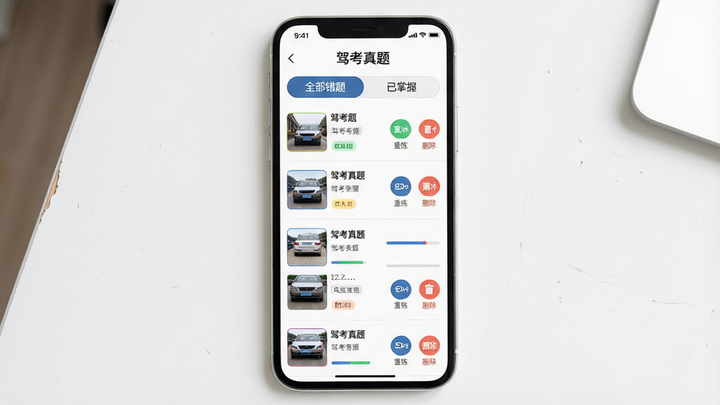 一部智能手机竖屏显示“驾考真题”错题本列表,每条错题左侧是题目缩略图,右侧是“重练”和“删除”图标,顶部有“全部错题”和“已掌握”筛选标签,背景为简洁白色桌面,主体为手机居中,布局列表式,排版紧凑,风格清爽扁平,细节包括彩色标签和进度条,画质干净,无多余元素
