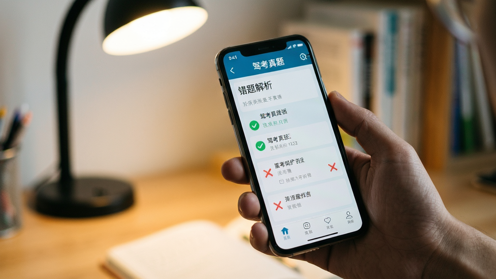 一张用户手持手机使用“驾考真题”APP的实拍照片,手机屏幕显示错题解析页面,背景是模糊的书桌和台灯,主体是手机与手部特写,布局自然,排版随意,风格生活化摄影,细节包括屏幕上的绿色对勾和红色叉号标记,画质清晰,干净无多余元素