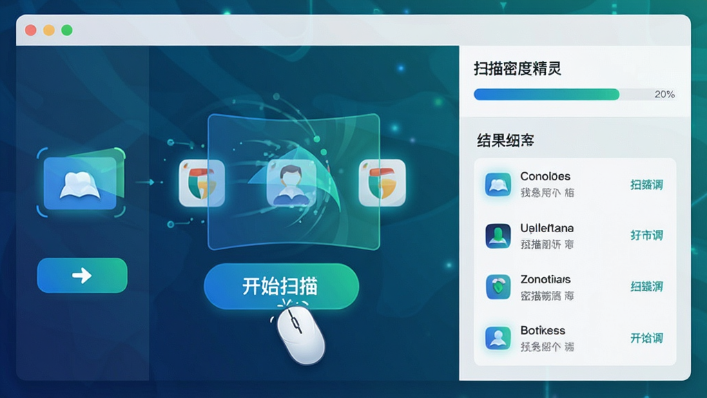 ���壺��ҳ����鿴�����һ��ɨ�蹦����ʾ�����������ʼɨ�衱��ť����Ļ�ϳ��ֶ�̬ɨ�趯���������ͼ���������𡣲��֣����Ϊ������ť�����Ҳ�Ϊɨ��������ͽ���б����Ű棺�����������ť��Ŀ����񣺿Ƽ��в廭�������ɫ�������ʣ�ϸ�壬�ɾ����޶���Ԫ�ء�