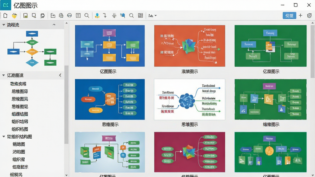 展示亿图图示软件中丰富模板库的界面截图,左侧列表显示流程图、思维导图、组织结构图等分类,中间展示多个彩色缩略图模板,每个模板下方标注名称,背景为浅灰色,软件名称“亿图图示”出现在顶部工具栏,整体布局清晰,画质高清,无多余元素