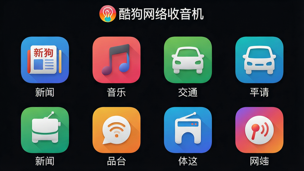 主体:酷狗网络收音机电台分类界面,显示“新闻”、“音乐”、“交通”等图标;布局:网格排列,图标均匀分布;排版:整齐有序,标签清晰;风格:色彩鲜艳,图标化设计;细节:每个分类图标下方有文字标注,顶部有“酷狗网络收音机”Logo;画质:高清,干净,无多余元素
