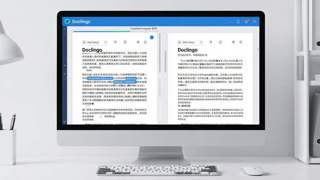 ���壺Doclingo����������չʾ��������Ļ��ʾһ��PDF�ļ����ڱ���������ģ����ԭ���Ҳ����Ķ������������֣���Ļ���У���Χ�м��İ칫���滷������������׺���Ű棺������÷���ʽ��ƣ������˵�����ʶ��Doclingo�����·����Ҷ����Ű棻����ִ���ƽ����ƣ���ɫ�Ƽ�ɫ��������ɾ�������ϸ�ڣ��������������ɶ��������������ʾ���״̬������Logoλ�����Ͻǣ����ʣ�������Ⱦ��������ͣ�ϸ�ڷḻ���ɾ��޶���Ԫ��