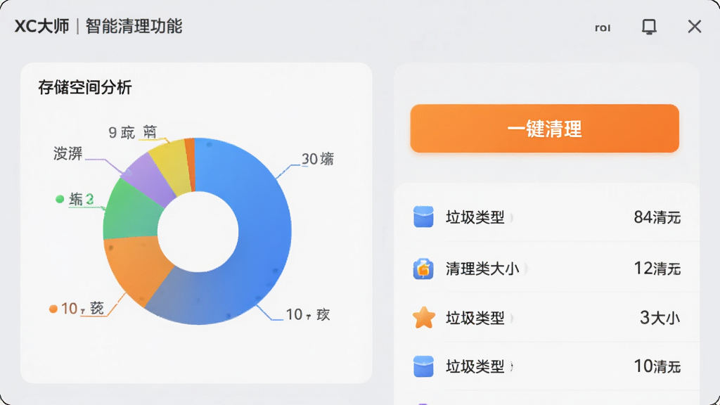 XC大师智能清理功能界面预览图,左侧展示存储空间分析饼图,右侧为“一键清理”橙色按钮,下方列出垃圾文件类型及可清理大小,背景浅灰色,整体风格清晰明亮,画质细腻,无多余元素