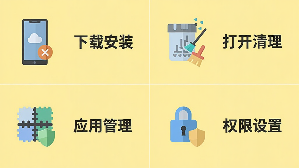 XC大师使用教程步骤图,画面分为四个步骤,第一步下载安装,第二步打开清理,第三步应用管理,第四步权限设置,每个步骤用图标和文字标注,整体风格扁平化,背景浅黄,画质干净,无多余元素