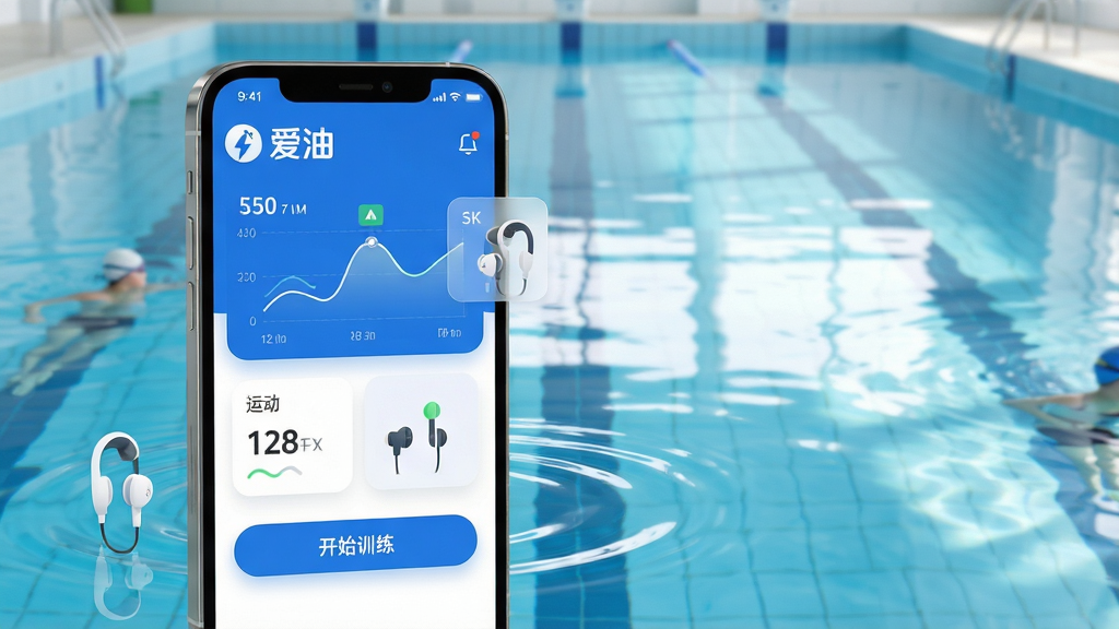 ���壺����App�������ֻ��ϵĽ���չʾ������Ϊ�峺����Ӿ��Ӿ�أ��ֻ���Ļ��ʾ�˶�����ͼ���Ͷ�������״̬�����֣��ֻ�����ƫ���Ҳ��������ֿƼ��У�Ӿ��ˮ�淴����ߡ��Ű棺��Ļ���������ɼ������������͡�Logo�͡���ʼѵ������ť������ִ���ƽ����ƣ�������ɫ�����ɾ���ˬ��ϸ�ڣ�����ͼ����ˮ�沨�ƺ�Ӧ�����ݿ�ƬԲ�ǻ������ʣ�������4K���ɾ����޶���Ԫ�ء�