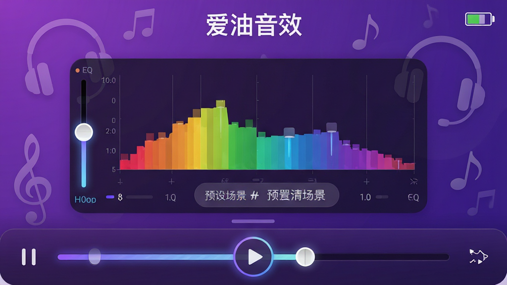 ���壺����App��Ч���ڽ��棬��ʾ�����������Ԥ�賡����ť�����֣���������Ϊ��ɫEQƵ��ͼ���ײ�Ϊ���ſ��������Ű棺�����С�������Ч���������Ҳ�Ϊ����ָʾ����񣺽�����ɫ������������������Ч����ϸ�ڣ�����ͼ��������Ԫ�����뱳�������ʣ�ϸ����壬�ɾ����޶���Ԫ�ء�