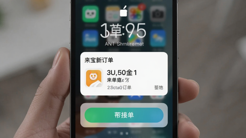 一张手机锁屏界面显示来单宝新订单通知的图片,屏幕上有醒目的订单信息卡片和接单按钮,背景虚化,风格写实,细节丰富,带有“来单宝”应用图标,画质清晰,无多余元素