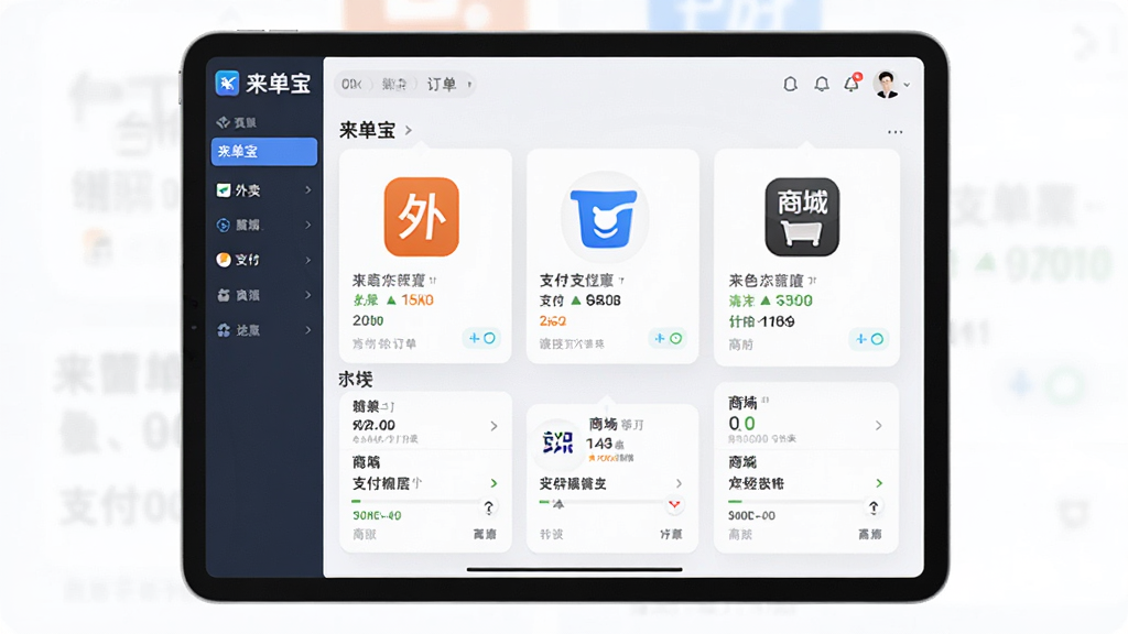 一张平板电脑展示来单宝后台聚合订单界面的图片,屏幕上显示多个平台订单图标,包括外卖、支付和商城,布局整齐,数据清晰可见,整体色调清新,风格现代,带有“来单宝”字样,画质干净,无多余元素