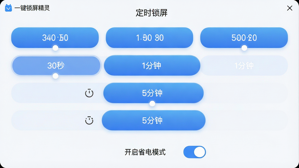 ���壺��һ���������顱�����Ķ�ʱ�������ý��棬�������ж��ʱ��ѡ�ť���硰30�롱����1���ӡ�����5���ӡ������ڽ���ײ���һ��������ʡ��ģʽ���Ŀ��ء����֣����ý������б���ʽչʾ�������С���ʱ���������⣬�м���ʱ��ѡ���б����ײ���ʡ�翪�ء��Ű棺����ֱ�ۣ�ʱ��ѡ����Բ�Ǿ��ΰ�ť���С���񣺼���UI��Ʒ�񣬱���Ϊǳ��ɫ����ťΪ��ɫ���䡣ϸ�ڣ���������ģ���ʱ�����ֺͿ���ͼ�꣬�����Ӿ��ɾ���ˬ�����ʣ��������ȣ�UI����Ԫ�ر�Ե�������޶���Ԫ�ء�