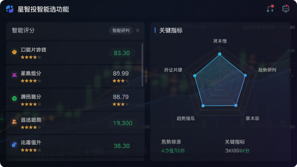 ���壺����Ͷ����ѡ�ɹ��ܽ��棬��Ļ����г���ֻ��Ʊ���������֣��Ҳ���ʾ�״�ͼ��ؼ�ָ�꣬����Ϊ��ɫ���䣬����Ϊ���ҷ��������Ϊרҵ�����������ϸ�ڰ������������֡����������С������ֱ�ǩ�������������޶���Ԫ��