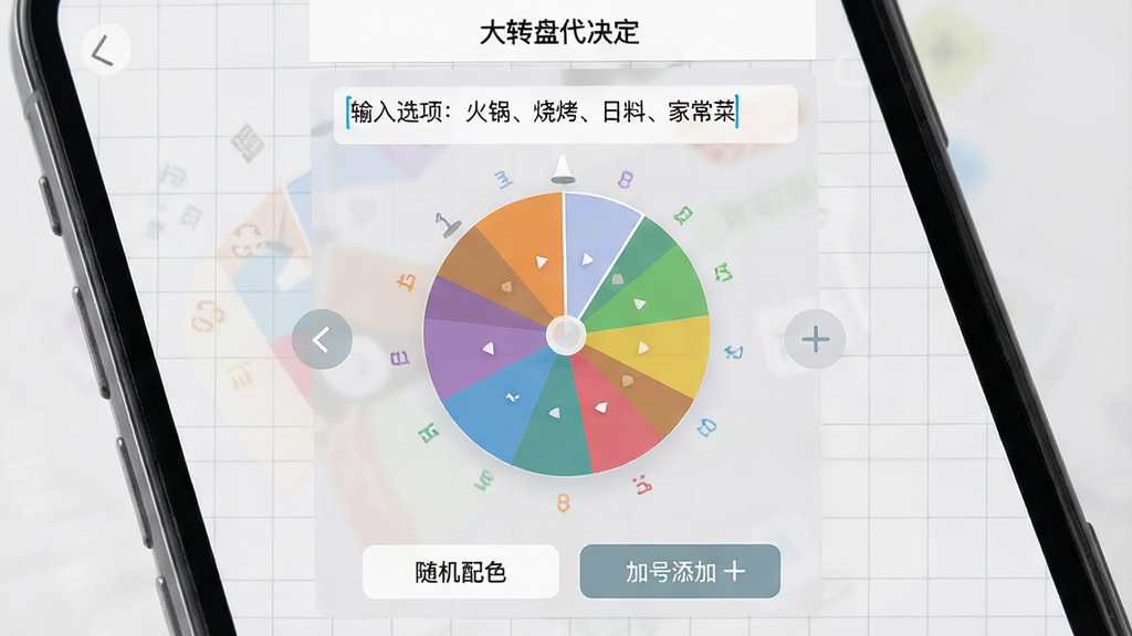 ���壺�ֻ�Ӧ�á���ת�̴����������Զ���༭ҳ�棬��Ļ����ʾһ����͸����ת�̱༭���������С�����ѡ�������տ������ϡ��ҳ��ˡ����ı�����򣬵ײ��С������ɫ�������Ӻ����ӡ���ť�����֣��ֻ��������У��༭����ռ���󲿷ֻ��棬����Ϊǳ��ɫ�����Ű棺�������У���ť�������룬ת��Ԥ��λ���Ϸ�����񣺼��������UI��ƣ�ǿ�����ܿɼ��ԡ�ϸ�ڣ�ת�̷�����ɫ���죬������ʾ��ǰѡ������ʣ��߱��棬�ɾ�������Ԫ�ء�