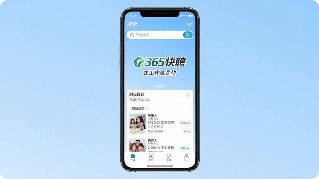 ͼƬչʾ365��ƸAPP���ֻ��ϵ������棬������ʾ��365��Ƹ��Ʒ��logo�롰�ҹ������ǿ족�ı������Ϊǳ��ɫ���䣬���沼��������������������ְλ�Ƽ��б��͵ײ������������������ɾ����޶���Ԫ��