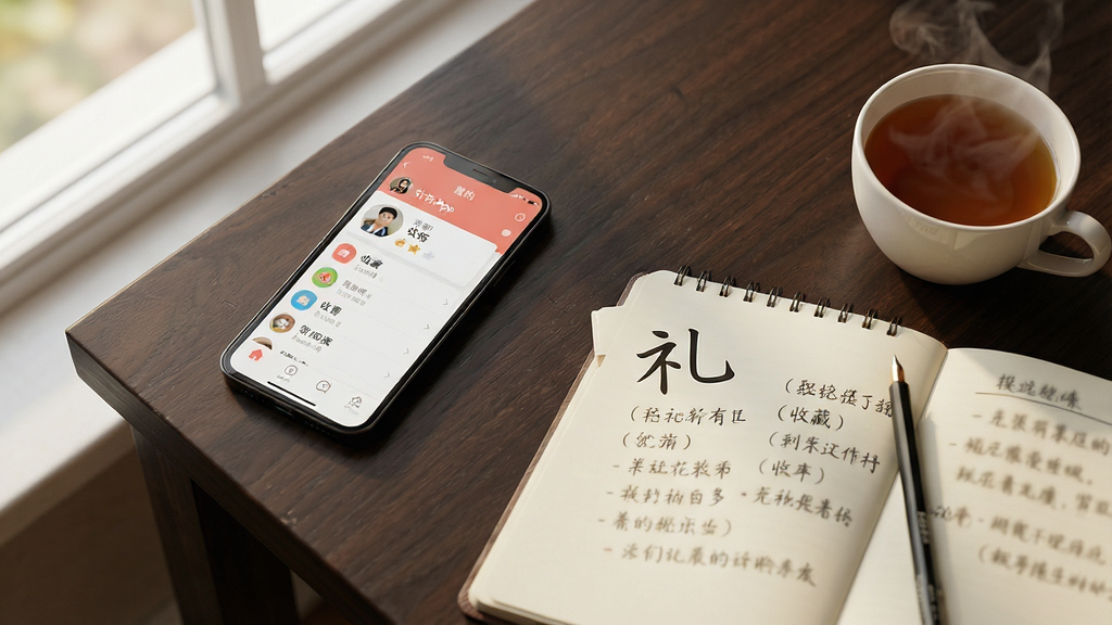 ���壺һ����ɫľ���ϵĳ���������������ڷ���һ���ֻ�����Ļ��ʾ��App�ġ��ҵġ�ҳ�棩��һ���ʼǱ����ʼǱ���д�С����ּ�һЩ�ʼǡ����֣������ӽǣ�����Ԫ�سʶԽ��߹�ͼ���Ű棺�ֻ���Ļ��ʼǱ����������ɼ����ʼǱ��ϵ��ּ����������дʵ��Ӱ���ɫ��ƫů������Ȼ��Ӵ���б�������ϸ�ڣ��ֻ���Ļ����ʾͷ���ղ��б��ȣ��ʼǱ��ϻ���һ��ð����������衣���ʣ��߷ֱ��ʣ�������Ȼ���ɾ����޶���Ԫ�ء�
