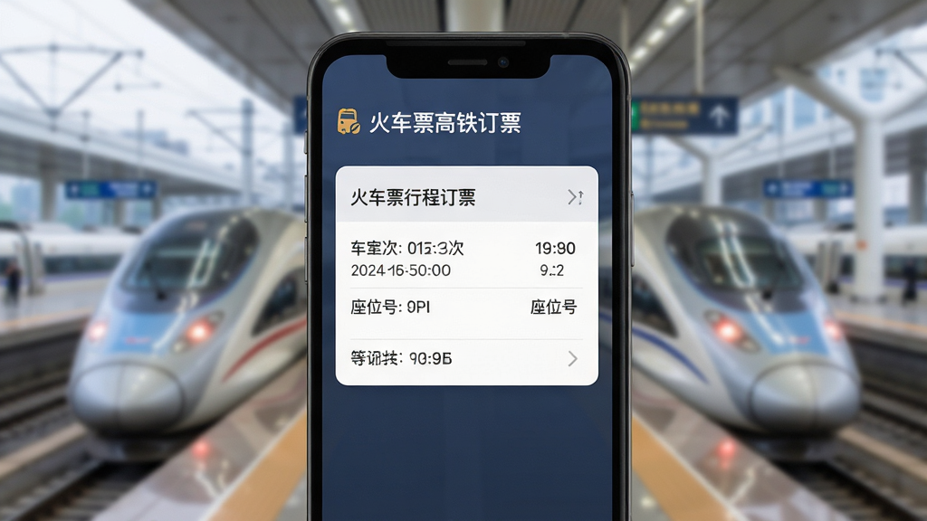 һ��չʾ����Ʊ������Ʊ��APP�г̹�������Ľ�ͼ����Ļ����ʾһ�ŵ����г̵���Ƭ�������г��Ρ�ʱ�䡢��λ����Ϣ��������ģ���ĸ���վ̨�������������񣬿�Ƭ��ƾ��£�ɫ�ʴ������ʣ������������޶���Ԫ��