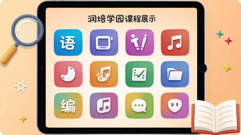 ����Ϊ����ѧ԰�γ�չʾ���棬����Ϊƽ����Ժ�����ʾ�γ̷���ͼ��ǽ���������ԡ���̡���ơ����ֵȲ�ɫͼ�꣬����Ϊǳ��ɫ���䣬����Ŵ����鱾װ�Σ������������򣬷��������죬ϸ�ڷḻ�����ʸɾ��޶���Ԫ�أ�ͼƬ����������