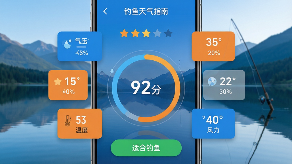 ���壺��������ָ��App�ĵ���ָ��ҳ�棬��ʾ�Ǽ����ۺͰٷ��Ʒ����������Ǻ�����Զɽ�����֣��ֻ���Ļռ�����룬ָ���Ի��ν�����չʾ����Χ����ѹ���¶ȡ�����С��Ƭ���Ű棺���ݿ�Ƭ���ƻ���ͼ���ײ��С��ʺϵ��㡱����ɫ��ť������ִ���ƽ����ƣ�ɫ�����죬����ɫ�ͳ�ɫΪ����ϸ�ڣ�����ͼ����ʾ��92�֡�����Ƭ���о�����ֵ��ˮ���е�Ӱ�����ʣ�ϸ����Ⱦ���ɾ��޶���Ԫ�ء�