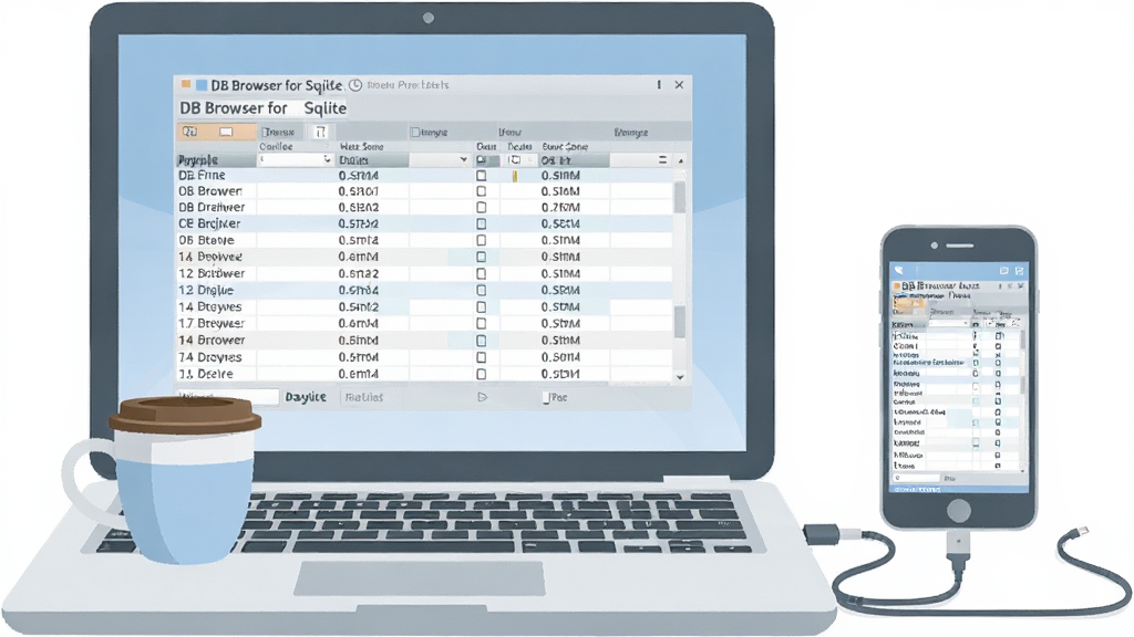 �廭���ʾ��ͼ��������һ̨�ʼǱ����Ժ�һ�������ֻ����ŷ��ã���Ļ�Ͼ���ʾDB Browser for SQLite�����ݿ������档��ͼ�������ҶԳƲ��֣���������Ļ�ϴ��Ҳ��ֻ���Ļ��С�����Ϊ��ƽ��ʸ���廭����ɫ��ͣ�ǳ����ǳ�ҡ���ɫ����ϸ���ϣ����Լ����Ϸ���һ�����ȣ��ֻ��Ա������������ӵ��ԣ���ʾ����ͬ�������ʸɾ����޶���Ԫ�أ������ƽ̨ʹ�õı���ԡ�