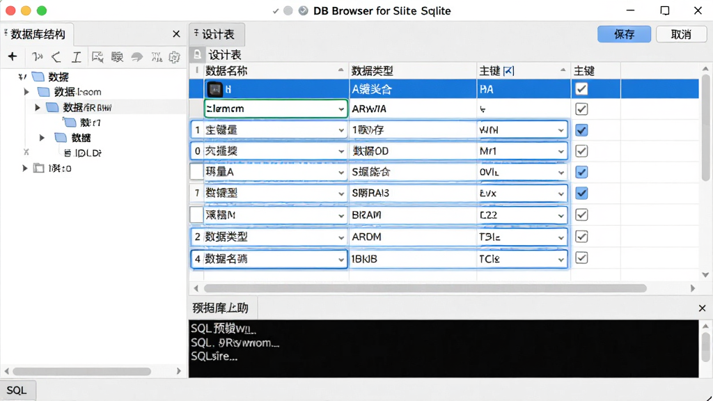 �������������廭������ΪDB Browser for SQLite�ı���������棬�������������Ϊ�����ݿ�ṹ����壬�Ҳ������ǡ���Ʊ�����ͼ���Ա�����ʽ����չʾ�ֶ������������͡�������ѡ��ȡ���������������ʹ�ô������ף��ֶα༭���и�����ɫ�߿�ϸ���ϣ��ܿ��������桱�͡�ȡ������ťλ�����Ͻǣ��Լ��ײ���SQLԤ����塣���ʸɾ����޶���Ԫ�أ�ͻ���������ֱ���ԡ�