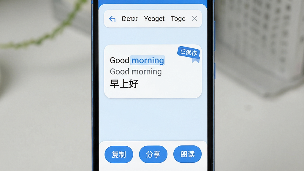 ���壺�ֻ���Ļ��ʾ��׿����ٵķ�����ҳ�棬�Ϸ�Ϊԭ�ģ��·�Ϊ���ģ����С����ơ����������������ʶ�����ť�����֣���Ļ�����з�������Ƭ������Ϊ����ɫ������Ϊ����ѡ�������ײ�Ϊ���ܰ�ť�����Ű棺������ˣ���������룬�ص����ݸ�����ʾ��������¼�Լ��ɫ��������Ϊ������Ƭ����Բ����ơ�ϸ�ڣ�ԭ��ΪӢ�ġ�Good morning��������Ϊ�����Ϻá�����Ƭ���Ͻ��С��ѱ��桱��ǩ�����ʣ����壬�ɾ����޶���Ԫ�ء�