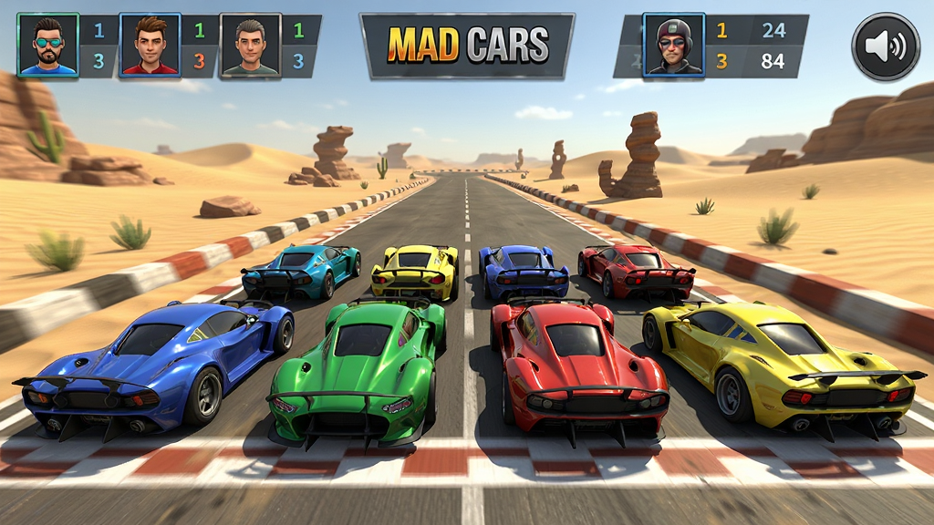 ��Ϸ��Mad Cars���Ķ������߶�ս���棬������ͬ��ɫ������������ߵȴ�����������ΪɳĮ��񣬻����Ϸ���ʾ���ͷ�������������������ͼ�꣬����Ϊ�����Ŷӳ��������ֿ��������дʵ��ϸ�ڷḻ�����ʸߣ��ɾ��޶���Ԫ��