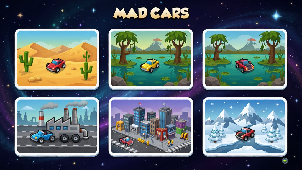 ��Ϸ��Mad Cars��������ѡ����棬չʾ���Ų�ͬ���ĵ�ͼ����ͼ����ɳĮ�����󡢹��������к�ѩɽ��ÿ�ŵ�ͼ����С����ͼ�꣬����Ϊ��̬�ǿգ����������죬����Ϊ��ͼ��Ƭ���У��������룬���ͨ��ϸ�ڷḻ�����ʸɾ����޶���Ԫ��
