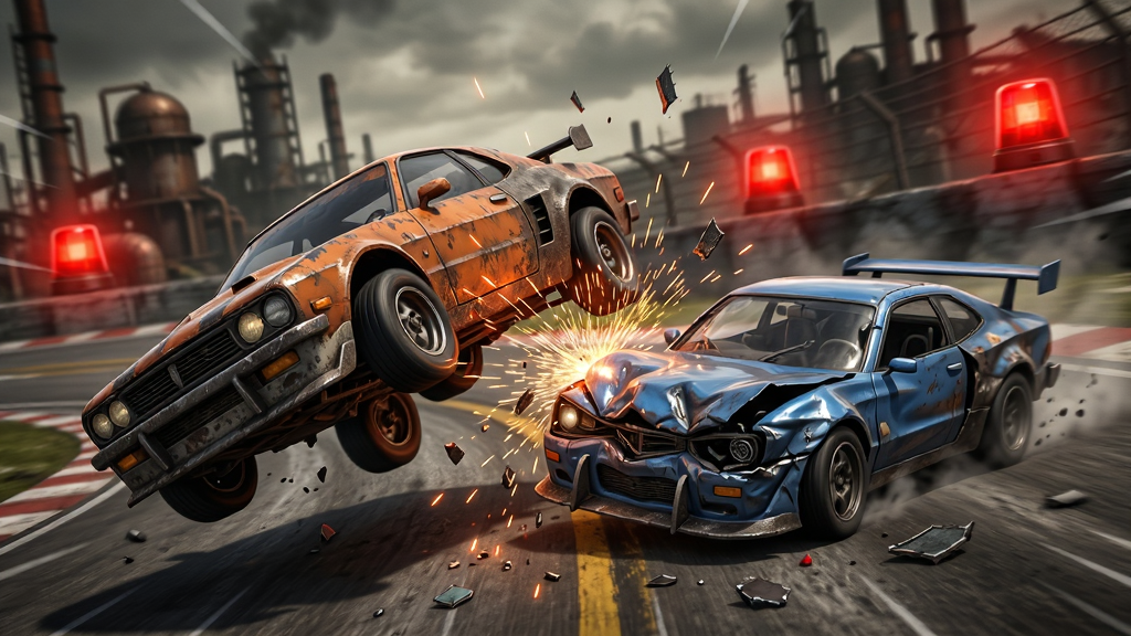 ��Ϸ��Mad Cars�����������������������������ײ�����Ľ���һ������ײ���ڿգ���һ���������ݱ��Σ������ǹ�ҵ����ͺ�ɫ��ʾ�ƣ����涯̬��ǿ������Ϊ������ײ�е����������ֽ��գ������ϸ�ڿ̻���ײ��Ƭ��𻨣����ʸ��������ɾ��޶���Ԫ��