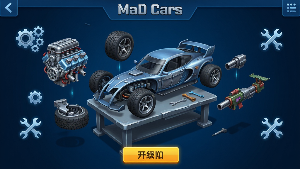 ��Ϸ��Mad Cars���ĳ�����װ���棬һ�����������Ϊ�����������չʾ���������桢��̥��װ�׺���������Χ�г��ֺͰ���ͼ�꣬����������ɫΪ������������ʾ������ť������Ϊ��װ̨�ͳ����������������������Ƽ��У�ϸ�ڷḻ�����ʸɾ����޶���Ԫ��