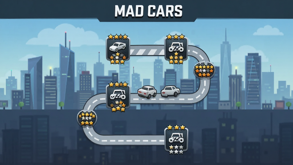 ��Ϸ��Mad Cars��������ģʽ��ͼ���棬һ�����ѵ�·�ߴ����Ŷ������ͼ�꣬ÿ��ͼ�����в�ͬ�Ѷȵ����Ǳ�־�������ǳ�������ߣ�����Ϊ����·��ͼ������Ϊ�������������࣬ϸ�����������ʸɾ����޶���Ԫ��