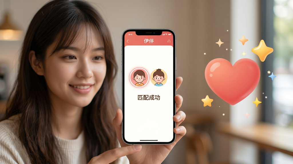 ���壺һ������Ů������ʹ���ֻ��ϵġ����顱APP����Ļ��ʾƥ��ɹ��Ķ���Ч�������֣�����λ�ڻ�����࣬�ֻ���Ļ������ߣ��Ҳ��зŴ�����κ�������Ч���Ű棺���й�ͼ���ֻ���Ļռ���Ӿ����ġ����дʵ����磬ůɫ����ϸ�ڣ��ֻ���Ļ����ʾ������ͨͷ��͡�ƥ��ɹ��������������黯��ͻ���������Ļ�����ʣ����壬��Ȼ�⣬�ɾ����࣬�޶���Ԫ�ء�