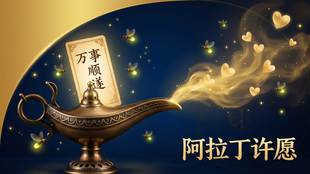 ����Ϊһֻ��ͭɫ��ƣ��ƿ�ӿ����ɫ�����������и���һ��д�С�����˳�족����Ը��Ƭ����Χ������ө������ǹ⡣���ֲ��ûƽ�ָ���λ���������֮һ�����Ҳ�ΪƮɢ����ԸԪ�ء��Ű����λ�Ψ����ɫ���Խ�ɫ������Ϊ�����Ա�ǿ�ҡ�����ϸ�壬��Ӱ��ͣ�4K�ֱ��ʣ��ɾ��޶���Ԫ�أ�ͼƬ�����֡���������Ը��������������֡�