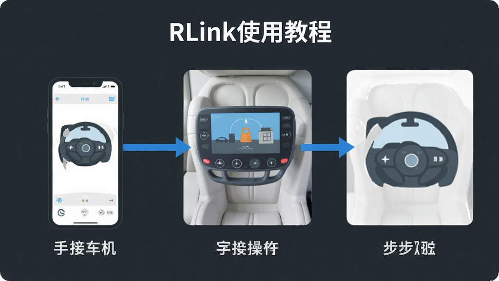 RLink使用教程步骤图,手机连接车机操作流程,分步图解,简洁扁平化设计,蓝色辅助线,高清清晰,干净无多余元素