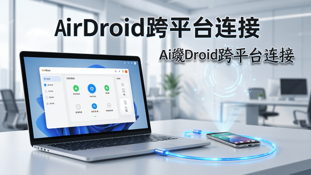 չʾAirDroid��ƽ̨���ӳ����ĸ���ͼ��������һ̨�ʼǱ�������Ļ��ʾAirDroid���ƽ��棬�Ա߷���һ����׿�ֻ�������֮���÷������ɫ���������ӣ�����Ϊ�ִ����칫�ң�������Ƽ���ǿ������ɾ�������ͼƬ�ϱ�ע���֡�AirDroid��ƽ̨���ӡ�Ԥ��ͼ