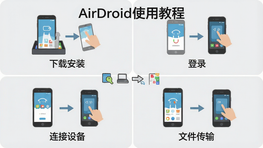 һ��չʾAirDroidʹ�ý̵̳Ĳ���ͼ�������Ϊ�ĸ����񣬷ֱ���ʾ���ذ�װ����¼�������豸���ļ��������̣�ÿ���������м���ͼ�������˵�����������ƽ��������ǳ��ɫ�����������ɾ���ͼƬ�ϱ�ע���֡�AirDroidʹ�ý̡̳�Ԥ��ͼ