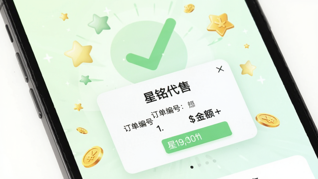 �ֻ���Ļ��ʾ���������ۡ�APP�Ľ��׳ɹ�ҳ�棬����Ϊ����ɫ�Թ�ͼ�꣬��Χ��������������Ч�����������������£����������뵯��Ϊ����ϸ�ڰ�����������������֣����ʸɾ��޶���Ԫ��