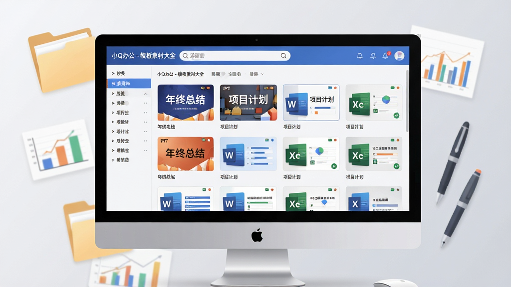 ���壺������Ļǰչʾ��һ����Ϊ��СQ�칫 - ģ���زĴ�ȫ�����������棬���������������Ÿ���PPT��Word��Excelģ������ͼ��ɫ�ʷḻ�����֣����й�ͼ������Ϊǳ��ɫ���䣬������ĻΪ���壬��Ļ���е������ļ��С�ͼ�����ʵȰ칫Ԫ�ص�׺���Ű棺��Ļ���������ɼ������������Ͳ�߷����б����·�ģ�忨Ƭ�������С�����ִ���ƽ�����ɾ�����ϸ�ڣ���Ļ������ģ��������������ɱ棬�硰�����ܽᡱ������Ŀ�ƻ��������ʣ�8K���壬�ɾ����޶���Ԫ�ء�