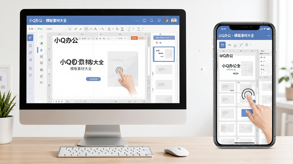 ���⣺�ֻ��͵��Բ��ţ���Ļ�Ͼ���ʾ��СQ�칫 - ģ���زĴ�ȫ����ģ��༭���档���֣������ԣ��Ҳ��ֻ����γɶԱȡ��Ű棺���߽�������һ�£�չʾͬһ��PPT�༭״̬����������ɾ���ϸ�ڣ��ֻ����д������ƣ����Զ�����ꡣ���ʣ����壬�޶���Ԫ�ء�