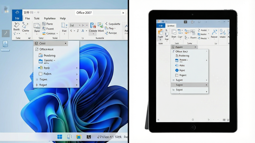 һ�ŷ�������ʾ��ͼ�������Windows 11ϵͳ�ĵ��Զ˽��棬�Ҳ���Windowsƽ�崥�����棬������Ļ�϶���ʾ��Office 2007�ľ���˵��������Ӿ�Ԫ���ǡ��ļ����˵��µ������б�����������չʾ�����豸�ϵĲ������죬���дʵ�����ʸ��壬�ɾ��޶���Ԫ��
