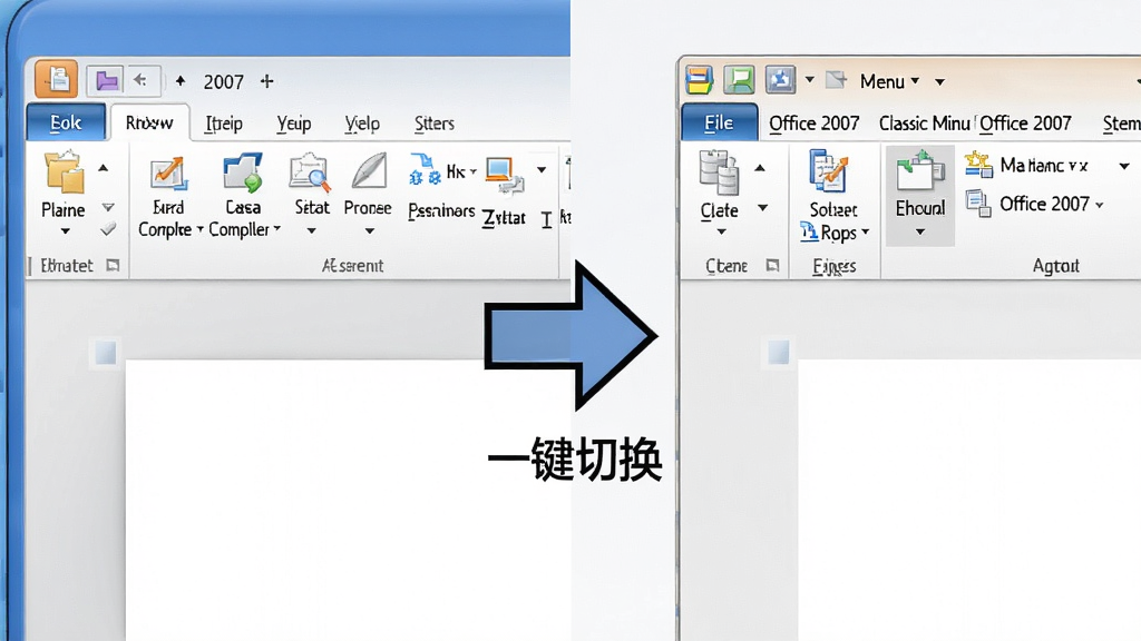 һ�ŶԱ�ʾ��ͼ�������Office 2007Ĭ�ϵ�Ribbonѡ����棬�Ҳ��ǰ�װClassic Menu for Office 2007����ʾ�ľ���˵������棬����ͨ��һ�����ҵļ�ͷ���ӣ���ͷ�·���ע�š�һ���л�������������Ԫ������������ƽ����ɫ�����죬�ɾ��޶���Ԫ��