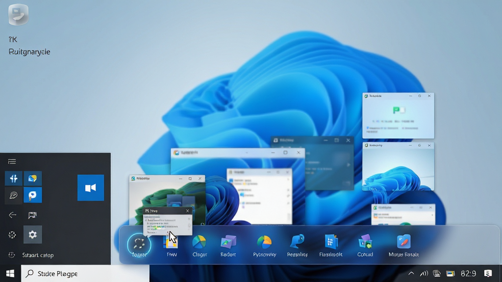 ���壺��������������������������չʾ��һ���ִ���Windows�������棬��Ļ�·�����������������ͼ�����������Ҵ��а�͸��ĥɰЧ������ɫΪ�������䣬�������������ż����򿪵�Ӧ�ó��򴰿�����ͼ�����֣�������ռ�ݻ������ģ���������Ϊ�Ӿ����㣬����п�ʼ�˵���ť���������Ҳ���ϵͳ����ͼ�ꡣ�Ű棺����ɾ����࣬�������������ֽ�γ������Աȣ�ͻ�����ƺ���Ӿ�Ч������񣺿Ƽ��С���ࡢ�������ȡ�ϸ�ڣ�������ͼ���Ե��ϸ΢�Ĺ���Ч���������ͣ��һ��ͼ���ϣ���ʾ����Ԥ�����ڡ����ʣ�8K�����壬ϸ�ڷḻ���ɾ����޶���Ԫ�ء�