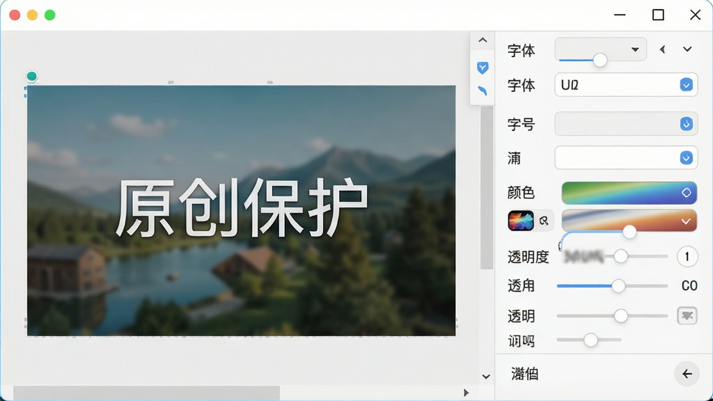 主体:软件操作界面特写,显示添加文字水印的编辑窗口,左侧是图片预览区,右侧是属性调节面板,包含字体选择、字号、颜色、透明度等选项,水印文字“原创保护”显示在图片中央。布局整洁,色调明亮,风格写实,细节清晰,画质干净无多余元素。