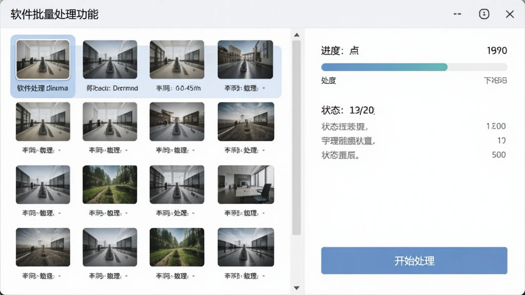 主体:软件批量处理功能界面,左侧列表显示多张待处理的图片缩略图,右侧显示进度条和状态信息,底部有“开始处理”按钮,整体界面简洁明了,色调淡雅,风格偏商务,细节展示处理进度,画质清晰干净。