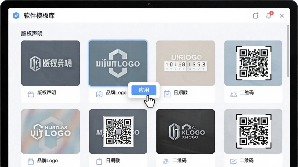 主体:软件模板库界面,展示多种水印模板缩略图,有“版权声明”、“品牌Logo”、“日期戳”、“二维码”等分类,鼠标悬停在其中一个模板上,显示“应用”按钮,界面布局为网格状,风格清新,颜色柔和,细节清晰,画质干净。